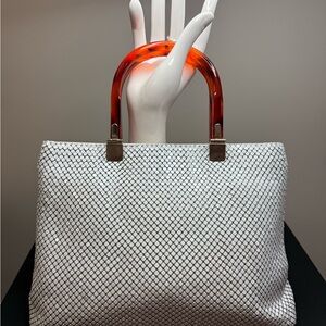 Vintage White Mesh Tote Bag with Tortoise Lucite Handles